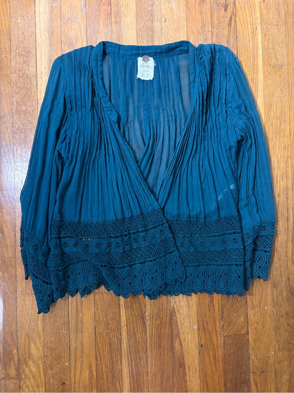 Free People Teal Crochet-Trim kimono/cardigan Top